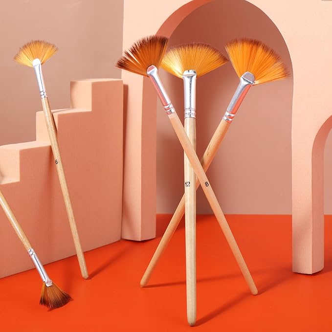 Prasacco 5 Pieces Fan Brush for Painting, Oil Acrylic Paint Brushes Artist Fan Brushes Nylon Hair Long Wood Handle Painting Brush for Acrylic Watercolor Oil Gouche Painting (2/4/6/8/10#)