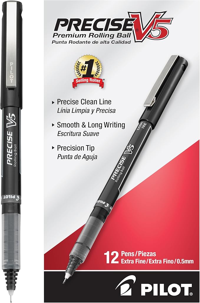 Pilot, Precise V5, Capped Liquid Ink Rolling Ball Pens, Extra Fine Point 0.5 mm, Black, Pack of 12