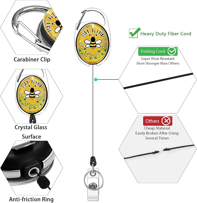Cute Bee Kind Lanyards for Id Badges, Fashionable Badge Reel Heavy Duty with Carabiner Clip, ID Badge Holder with Lanyard, Nurse Teacher Office Gifts