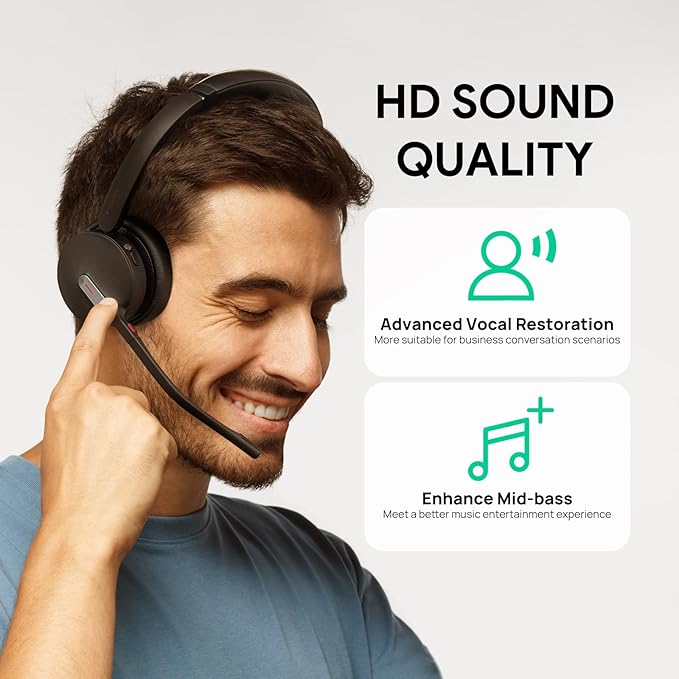Yealink BH70 Dual Wireless Headset with Mic for Work, Bluetooth Headphone with Teams Certification, up to 35h Talk Time, 147g All-Day Wearing Comfort, Include USB-C/A Dongle & BHC70 Charging Stand