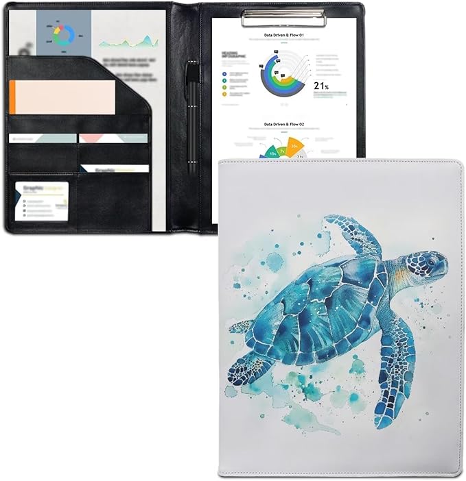 Office Folder Turtle Blue Print PU Leather Padfolio with A4 Size Clipboard Clip for Business Resume Interview Document Sleeve Binder Folder for Men/Women