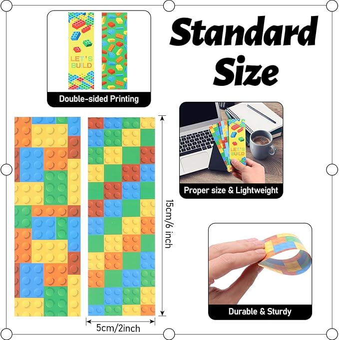 LiYiQ 100 Pcs Funny Building Block Bookmarks 6×2-inch Double-Sided Bookmarks for Kids Students Teachers Book Lovers Cute Bookmarks for Reading Bookmarks for Students School Supplies