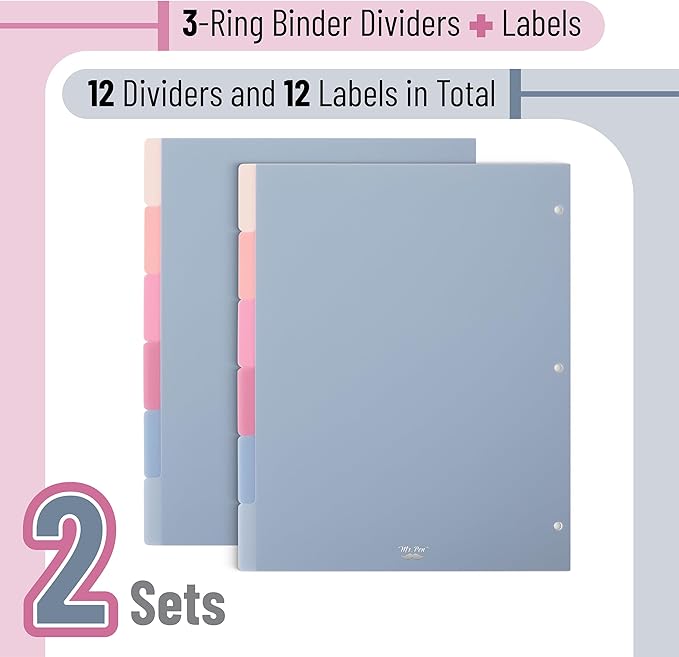 Mr. Pen- Binder Dividers, 6 Tab Dividers, Pack of 2 Sets (12 Dividers Total), Dividers, Plastic Dividers for 3 Ring Binder, Binder Dividers with Tabs, Binder Tabs, 3 Ring Binder Dividers