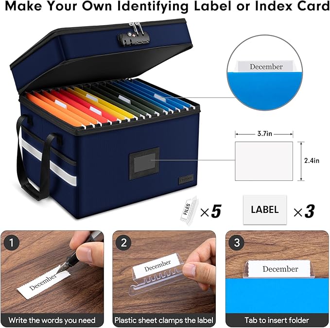 ETRONIK Fireproof Document Box with Lock, 2-Layer File Box Storage Organizer with 5 Tabs& Insert, Portable File Cabinet Storage Box with Handle for Hanging Letter/Legal Size Folder/Certificate, Blue