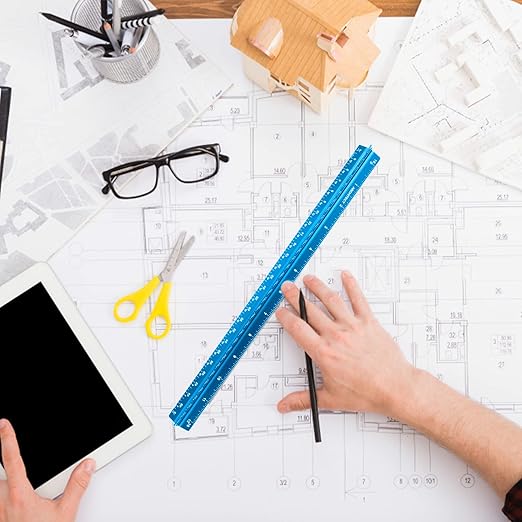 Architectural Scale Ruler, Imperial Measurements 12'', Laser-Etched Aluminum Architect Triangular Ruler for Architects, Students, Draftsman, and Engineers(Blue)