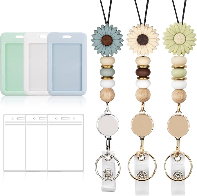 9 in 3 Sets Blue White Green Retractable Lanyard for ID Badge Lanyard with ID Holder Breakaway Lanyard School Silicone Beaded Lanyard Cute