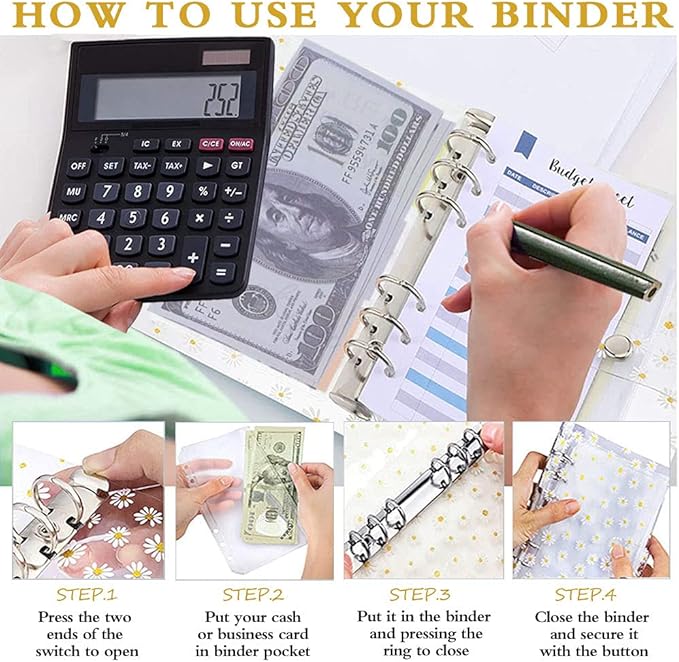 36 Pieces A6 Binder PVC Cover with 10 Clear Binder Pockets, Waterproof 6-Ring Budget Binder Envelopes System Budget Planner Organizer, Budget Sheets & Card Bags & Papers & Label for Cash Envelopes