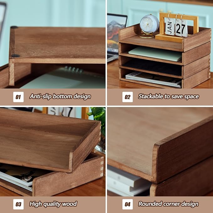 Yeaqee 4 Pcs Stackable Paper Tray Letter Tray Desktop Letter Size Wood Desk Organizer Office Wooden Desk Shelf Paper Holder Folder Organization Rack for Mail File Letter Document (Dark Wood Color)
