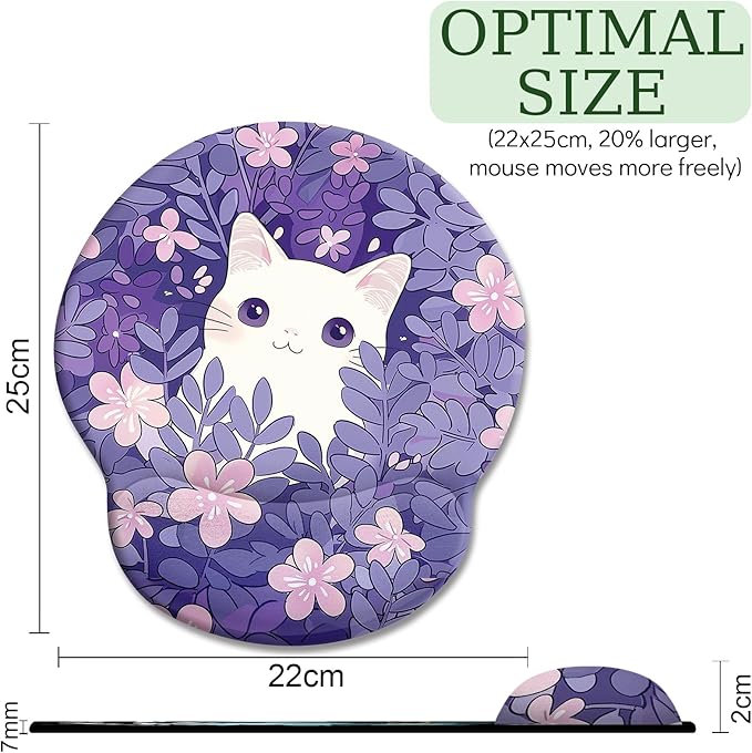 Purple Mouse Pad with Wrist Rest, Cat Ergonomic Mouse Pad Wrist Support with Non-Slip Pain Relief PU Base, Funny Computer Mousepad, Cute Kawaii Purple Office Supplies Desk Accessories Decor