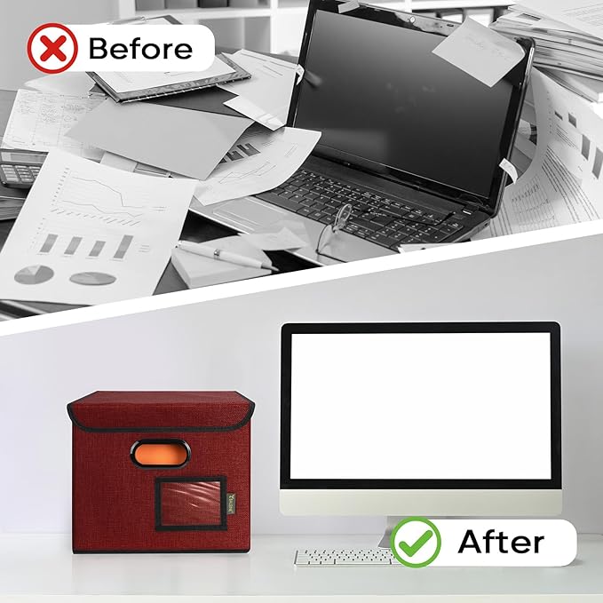 BALEINE File Organizer Box with Lid, Collapsible File Folder Organizer with Plastic Slide, Hanging File Folder Box for Office Document Storage (1 Pack, Red)