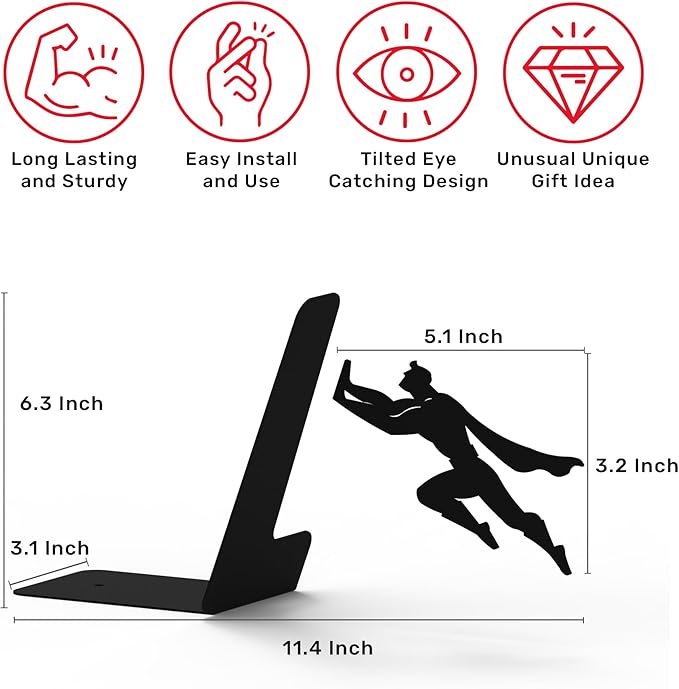 Artori Design Book Ends to Hold Books Heavy Duty - Hidden Metal Bookends for Shelves Desk - Bookend Book Holder for Home Decorative - Gift for Book Lovers and Home Décor (Book&Hero - Set of 2)