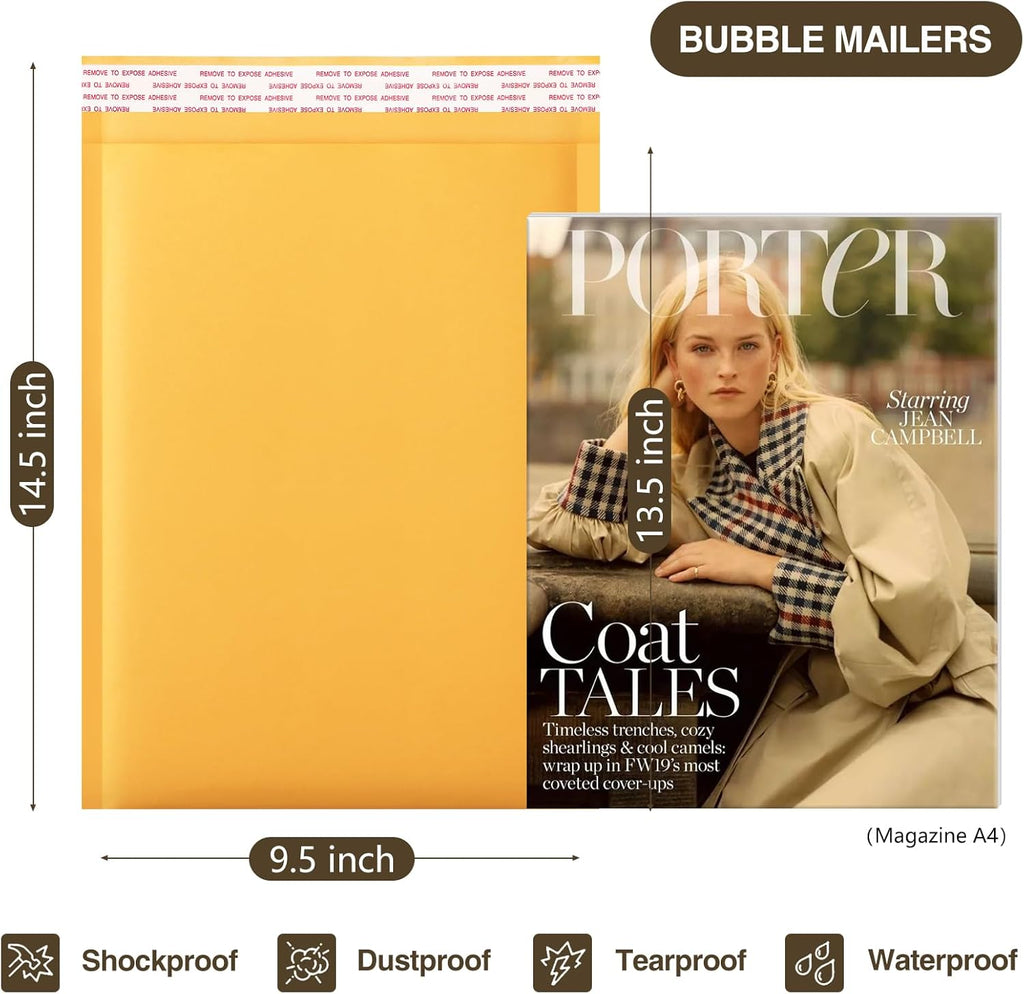 UCGOU Kraft Bubble Mailers 9.5x14.5 Inch 25 Pack Usable Size 9.5x13.5 Yellow Padded Envelopes #4 Large Mailing Package Self Sealing Tear Resistant Boutique Bulk Mail Shipping Bag for Makeup Supplies