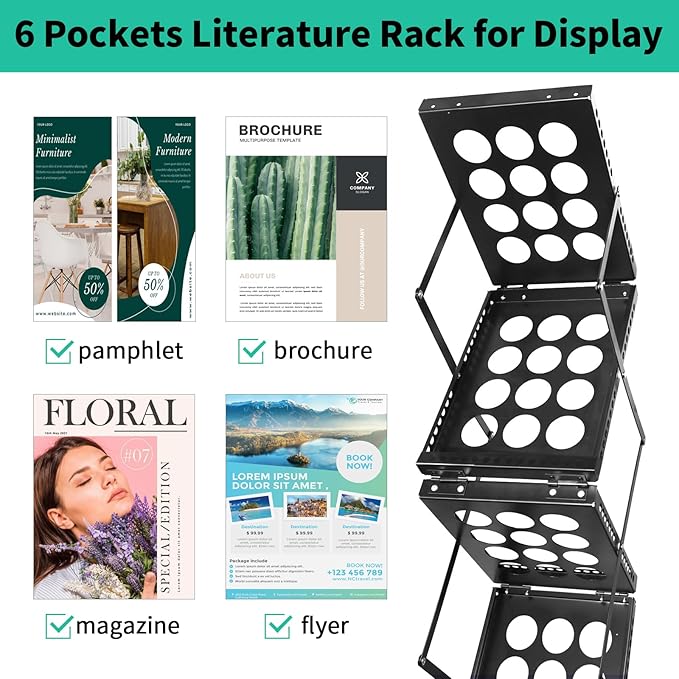 Folding Literature Rack, 6 Pockets Metal Brochure Holder Stand Floor Standing Magazine Rack，Double-sided Display Flyer Holder Stand Literature Stand for Trade Show Office Store Home