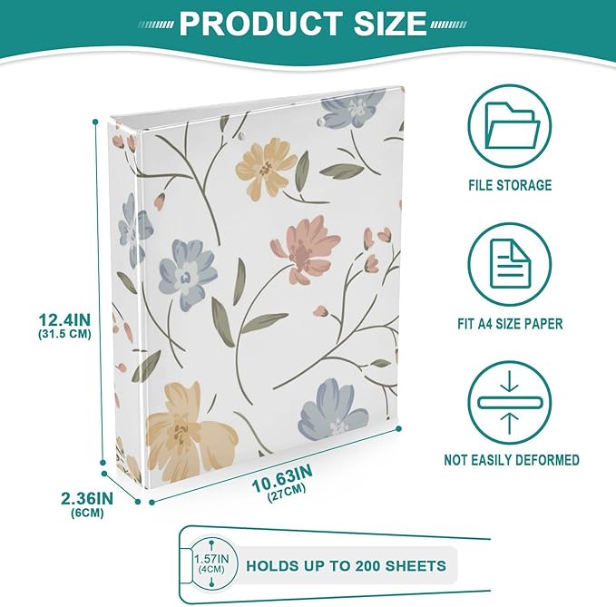 Three Rings Binders 1.5 Inch Colorful Cute Floral Meadow with Pockets 1 PACK for Letter Size (11" X 8.5") 200 Sheets