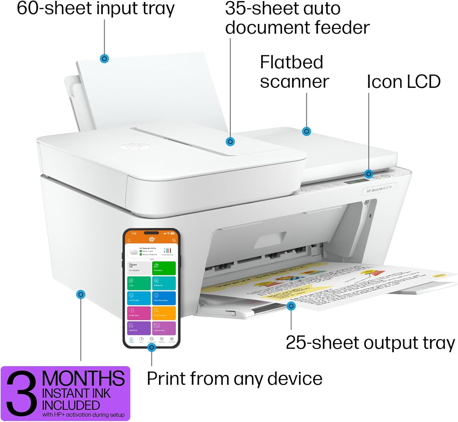 HP DeskJet 4227e Wireless All-in-One Color Inkjet Printer, Scanner, Copier, Best-for-Home, 3 Months of Instant Ink Trial Included (6W7F0A)