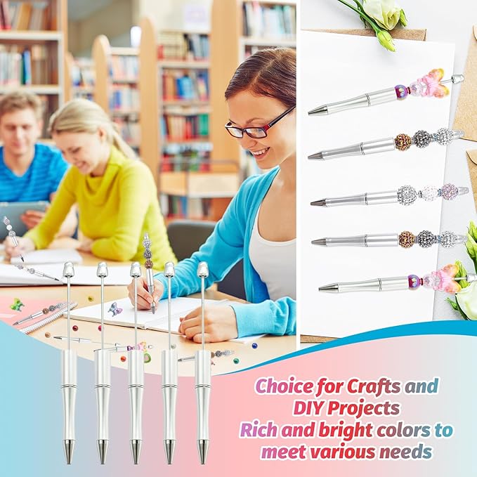 15 Pieces Beadable Pens - Beaded Pens Plastic Diy Black Ink Ballpoint Pens Bulk - Bead Pens Suitable For Teacher, Students, Office, School, Graduation Gift Supplies（Silver）