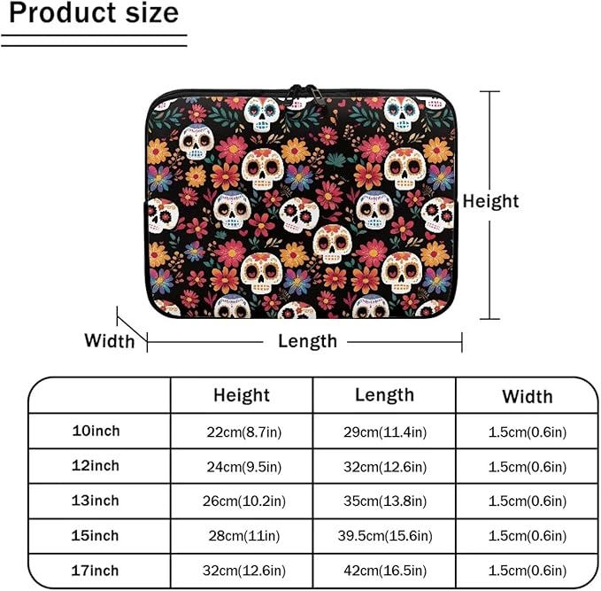 Skull Printed Computer Carrying Cover with Floral Print Laptop Case Bag Easy to Carry Computer Bag, 12 Inch Lightweight Laptop Briefcase Messenger Bag for Women