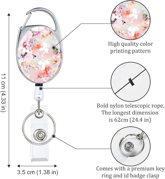 Badge Reels Retractable，Double Sided Color Print Pattern Retractable Badge Holders，with Retractable Keychain, Badge Clip and Key Ring，Durable Nylon Retractable Rope，Pink Flower