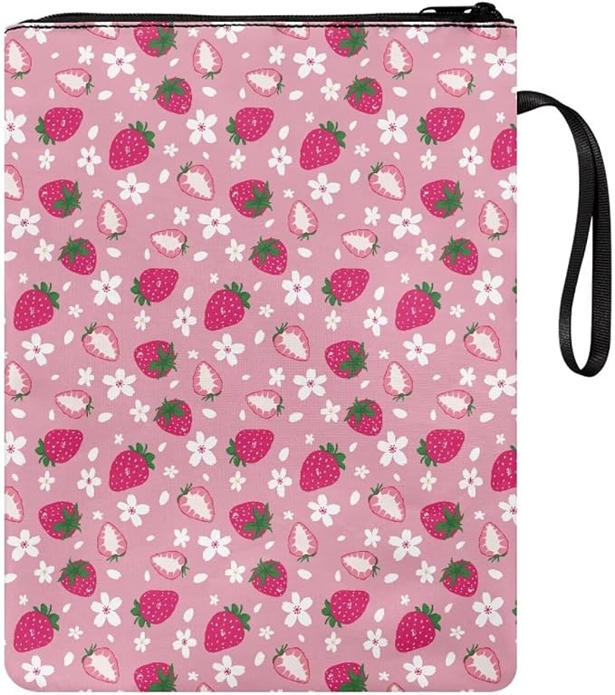 COEQINE Strawberry Book Sleeve Protector Book Cover with Zipper Book Sleeves Washable Hardcover Paperbacks Book Sox with Front Pocket