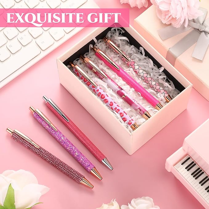 Sherr 7 Pcs Fancy Pens for Women Cute Sparkly Glitter Pens with 10 Pcs Black Ink Refills Pretty Gifts for Girls Office School Christmas Graduation(Hot Pink,Lovely)