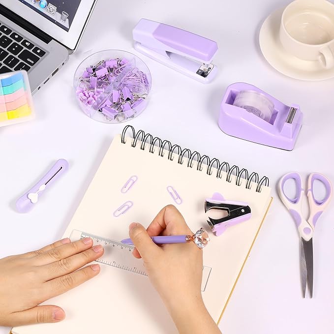 Purple Office Supplies Set 14pcs - Cute Desk Supplies Kit, Stapler and Tape Dispenser Set, Office Essentials Desk Accessories Aesthetic for Women, Students, Teacher
