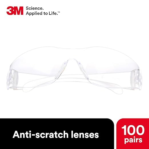 3M Safety Glasses, Virtua, 100/Pack, ANSI Z87, Unisex, Clear Hard Coat Lens, Clear Frame, Economical Eyewear Protection, Lightweight, Wraparound Coverage, UVA, UVB, UVC