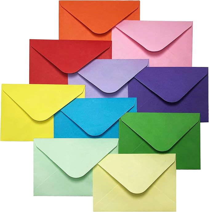 Gift Card Envelopes - Gummed 100-Count Mini Envelopes, Paper Business Card Envelopes, Bulk Tiny Envelope Pockets for Small Note Cards, 10 Colors, 4 x 2.7 Inches