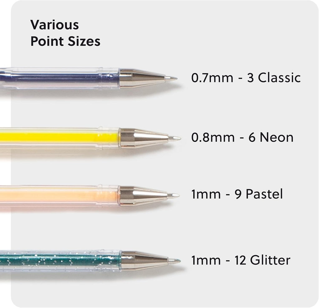 U Brands Metallic Gel Pens, Set of 30, Assorted Point Sizes, Glitter, Pastel, Neon and Classic Assorted Colors
