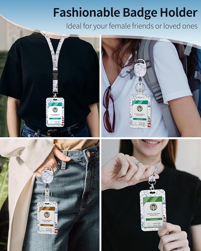 Uniclife Fashionable Sliding Badge Holder Cruise Pattern Plastic Case with Retractable Badge Reel Carabiner Clip & Detachable Lanyard Strap Vertical Card Protector for Women Nurse Teacher Student