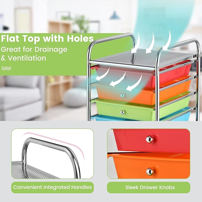 Storage Cart, Rolling Utility Cart with 10 Drawers, Portable Handles & Lockable Wheels, Mobile Paper Toys Storage Organizer Large Capacity for Home Office School Teacher (Multi-Color)