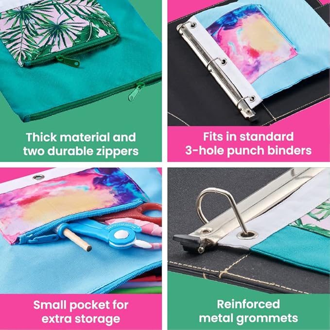 It's Academic Pencil Pouch for 3-Ring Binder, 2-Pockets with Zipper, for School Supplies, Large & Mini Pouch, Palm Tree & Watercolor Design, 2-Pack