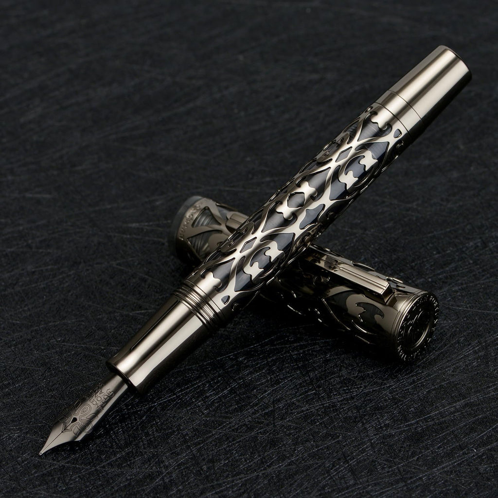 Hongdian D1 Piston Fountain Pen Fine Soft Nib, Jet Black Hollow Skeleton & Resin Pen with Metal Case Set