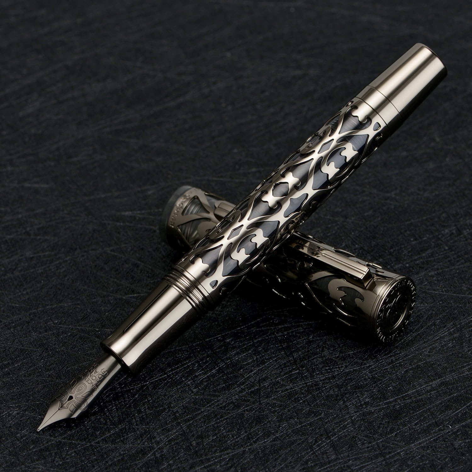 Hongdian D1 Piston Fountain Pen Fine Soft Nib, Jet Black Hollow Skeleton & Resin Pen with Metal Case Set