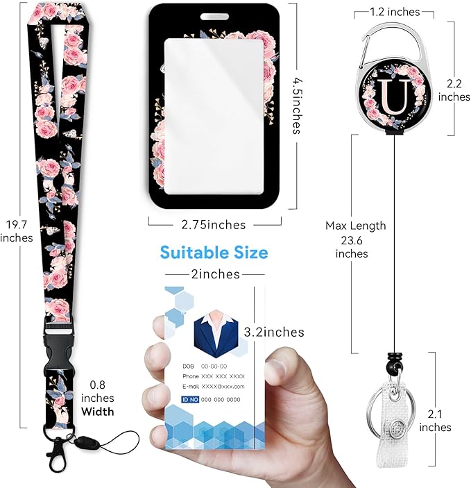 A-Z Badge Holder with Retractable Reel and Breakaway Lanyard Badge Clips Retractable Heavy Duty Badge Reel，Keychain，ID Holder with Breakaway Lanyard for School Nurse Office Teen U