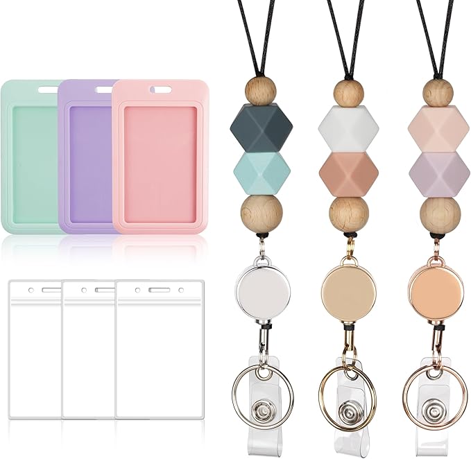 9 in 3 Sets Hexagon Retractable Lanyard for ID Badge Lanyard with ID Holder Breakaway Lanyard Badge Reel Lanyard School Silicone Beaded Lanyard Cute