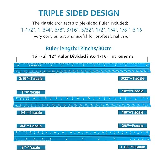 Architectural Scale Ruler, Imperial Measurements 12'', Laser-Etched Aluminum Architect Triangular Ruler for Architects, Students, Draftsman, and Engineers(Blue)