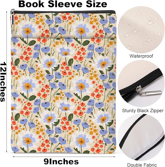 Watercolor Floral Pattern Book Lovers Gifts Waterproof Book Sleeve Book Pouch Book Protector with Zipper and Front Pocket BookCover Case for Women Girl Bride Sister Book Accessories Book Club Gifts