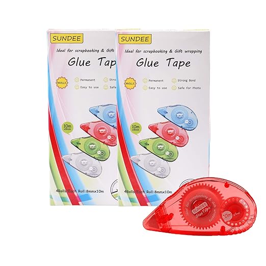 Glue Runner Permanent, Double Sided Adhesive Scrapbook Runner Tape Roller, 0.3-inch by 360-Inch, Permanent Adhesive Roller Applicator, 8 Pack - Red