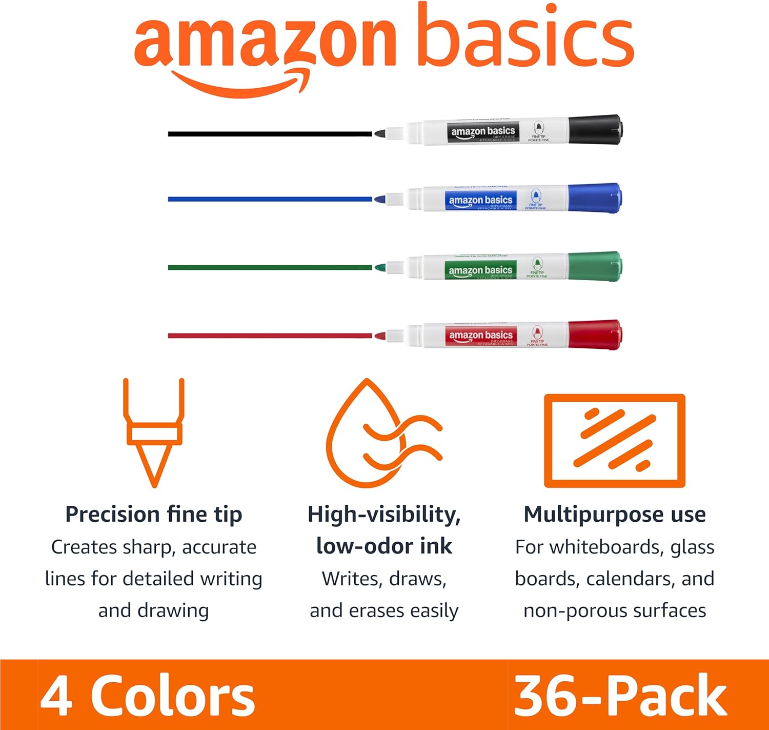 Amazon Basics Low-Odor Dry Erase Whiteboard Markers, Fine Tip, 4 Assorted Colors, 36 Count