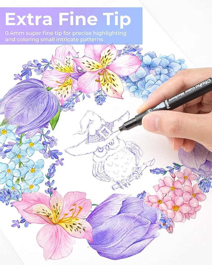 Ohuhu Markers for Adult Coloring Books No bleeding 36 Colors Coloring Markers Water-based Dual Tips Fineliner & Brush Drawing Pens Art Markers for Kids Adults Sketch Journal - Maui - Black