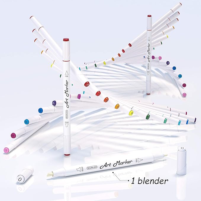 Shuttle Art 61 Colors Dual Tip Art Markers, 60 Colors plus 1 Blender Alcohol Based Permanent Marker Pens Highlighters with Case Perfect for Illustration Adult Coloring Sketching and Card Making