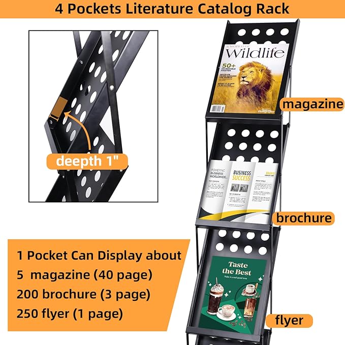4 Pockets Folding Magazine Rack，Floor Metal Black Literature Rack with Case Brochure Stand Literature Stand Catalog Holder Stand Flyer Display Stand for Trade Show Exhibition Office Retail