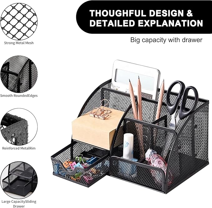 Mesh Desk Organizer, Desktop Organizer with Drawer, Office Supplies Multi-Functional Caddy, Metal Stationary Black Desk Caddy, with 6 Compartments and 1 Drawer for Home, School, Workshop, kitchen