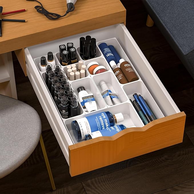 60 Pcs Plastic Drawer Organizer Set,5 Size Small Storage Containers for Organizing Jewelry,Utensil,Junk,Tea,Makeup,Shallow Drawer Organizers Tray Suitable for Office,Desk,Bathroom,Vanity,Kitchen,White