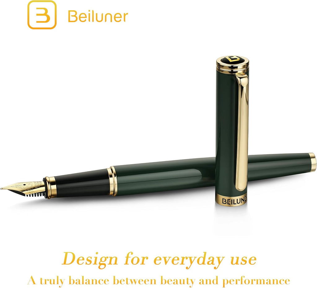 BEILUNER British Racing Green Fountain Pen,Stunning Luxury Pens with 24K Gold Accents, Gorgeous 24K Gilded Nib(Medium), Ink Converter, Pen Gift for Men&Women-Elegant, Reliable,Fancy for Writing
