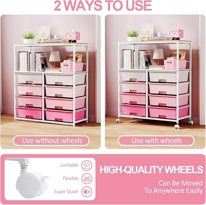 8 Drawers Rolling Storage Cart with Wooden Top, Multipurpose Utility Cart with Opening Shelf & Lockable Wheels, Storage Drawer Cart Organizer for Home Office Craft Room Classroom, Pink