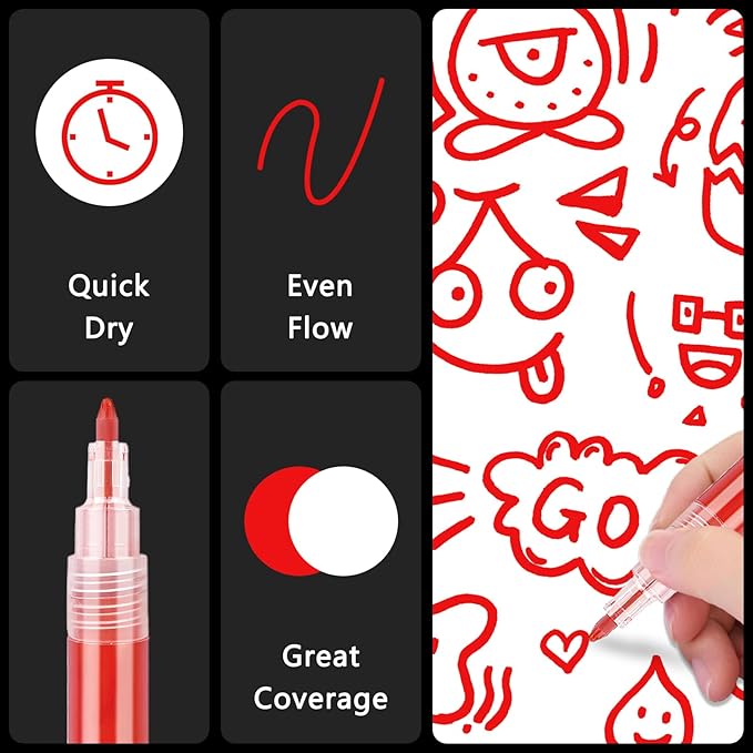 SFAIH Acrylic Red Paint Pens - 8 Pack 2-3MM Medium Tip & 0.7MM Extra Fine White Paint Marker for Rock Painting, Wood, Metal, Fabric, Canvas, Glass, Ceramic, Diy Crafts