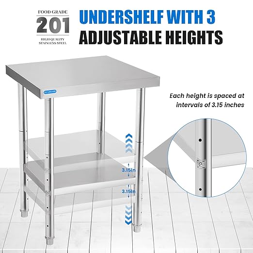 Stainless Steel Table for Prep & Work with Undershelf 18 x 24 Inches NSF Metal Commercial Kitchen Prep Table with Adjustable Under Shelf Worktable for Restaurant Home Outdoor