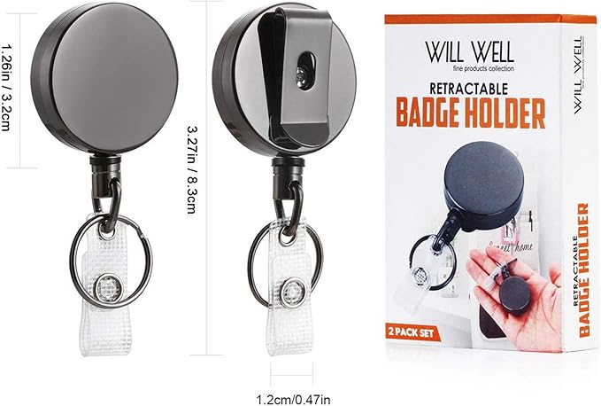 Will Well ID Badge Holder Reel with Clip and Keyring - Heavy-Duty All-Metal Casing with 24.4" UHMWPE Fiber Pull Cord for Easy Access, Holds up to 8 Keys - 2-Pack, Small Round, Glossy Black
