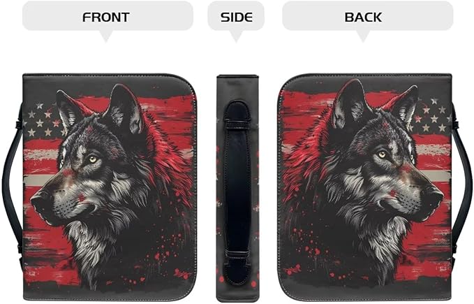 Lotusorchid American Flag Wolf Bible Bags, Faux Leather Bible Covers with Handle Pockets for Women, Portable Sturdy Bible Bag for Men, Christian Bible Study Accessories, Black and Red, M